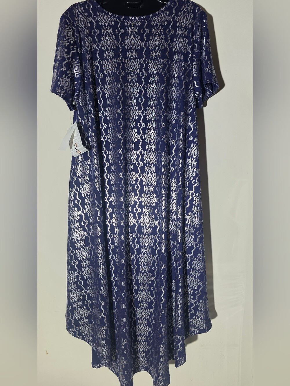 LuLaRoe Carly Dress โ Navy Blue woth Silver Geometric Print (Size S)